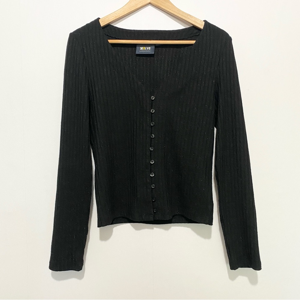 Maeve Anthropologie Black Ribbed Button Front Cardigan Top Women’s Medium Preppy